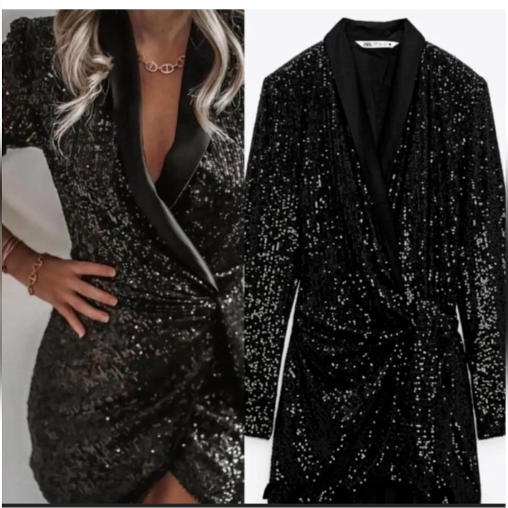 Zara * Sequin Wrap Blazer Dress Black - Picture 9 of 12